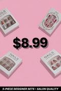 Four boxes of nail art sets on a pink background with a price tag of $8.99.