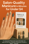Manicure kit with nail art designs and a box labeled 'Nails Professional' on an orange background.